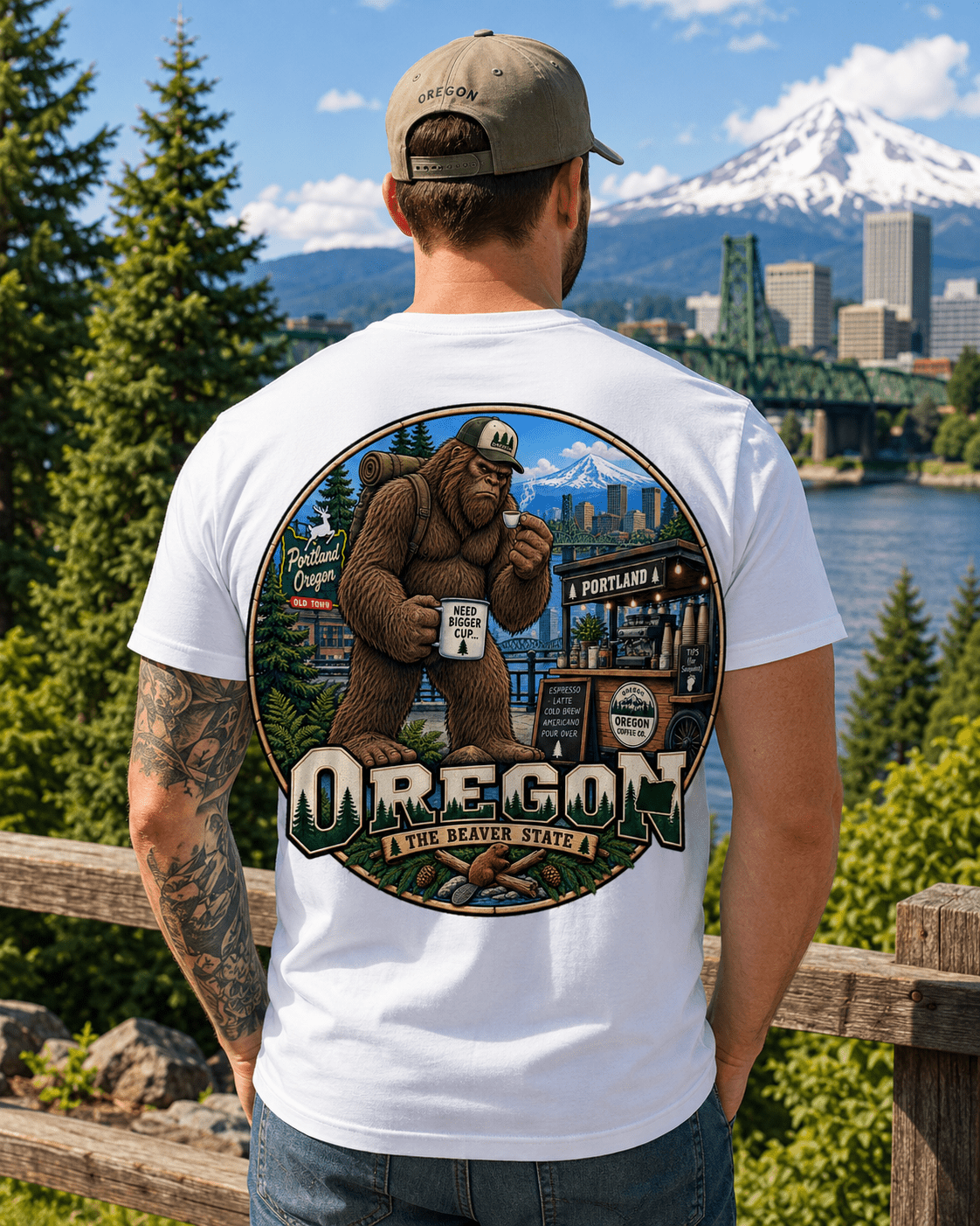 Oregon Bigfoot shirt featuring Sasquatch with coffee and Pacific Northwest forest scenery