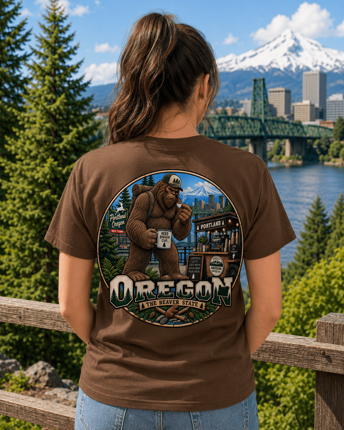 Oregon Bigfoot T-Shirt - Coffee - Bigfoot Coast to Coast
