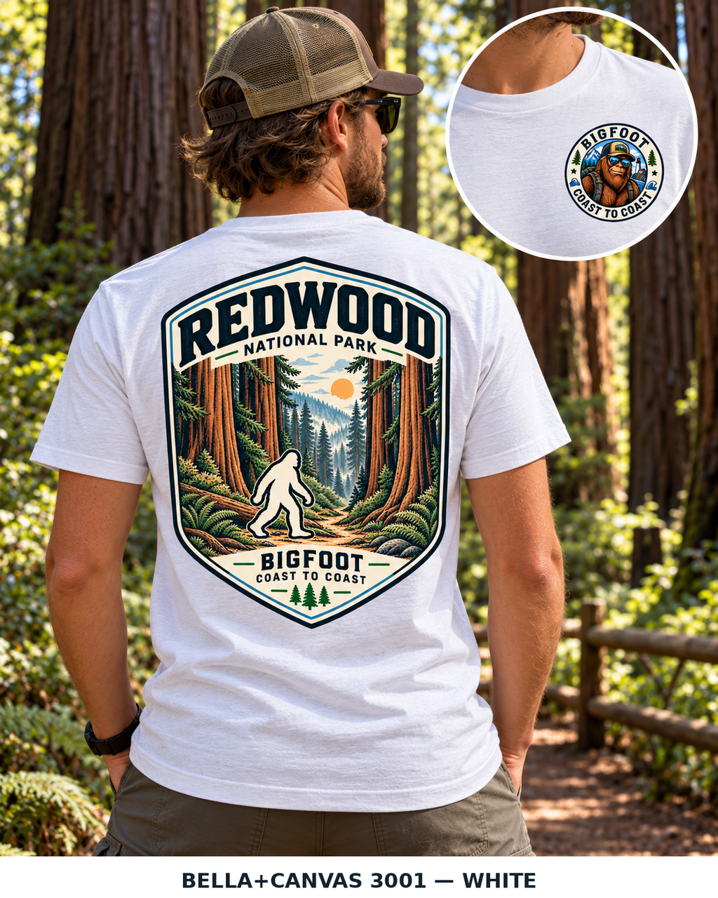 Redwood Bigfoot shirt featuring a vintage national park back graphic inspired by towering coast redwoods, fern-covered forest floor, and misty trails