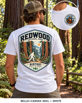 Redwood Bigfoot shirt featuring a vintage national park back graphic inspired by towering coast redwoods, fern-covered forest floor, and misty trails