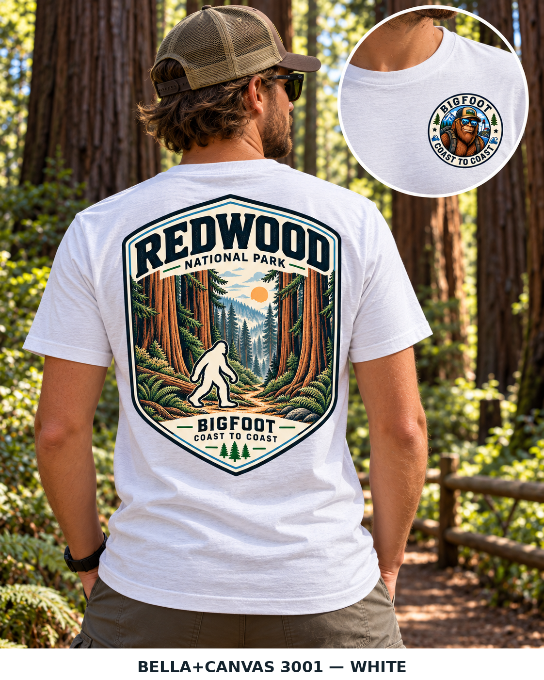 Redwood Bigfoot shirt featuring a vintage national park back graphic inspired by towering coast redwoods, fern-covered forest floor, and misty trails
