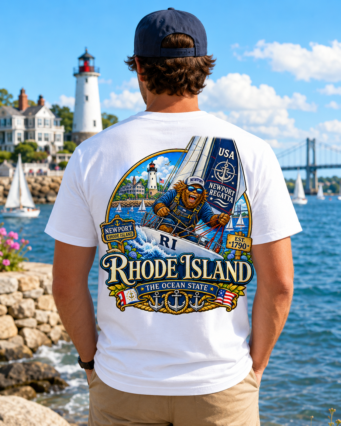 Rhode Island Bigfoot shirt featuring Sasquatch sailing through colorful Ocean State coastal scenery