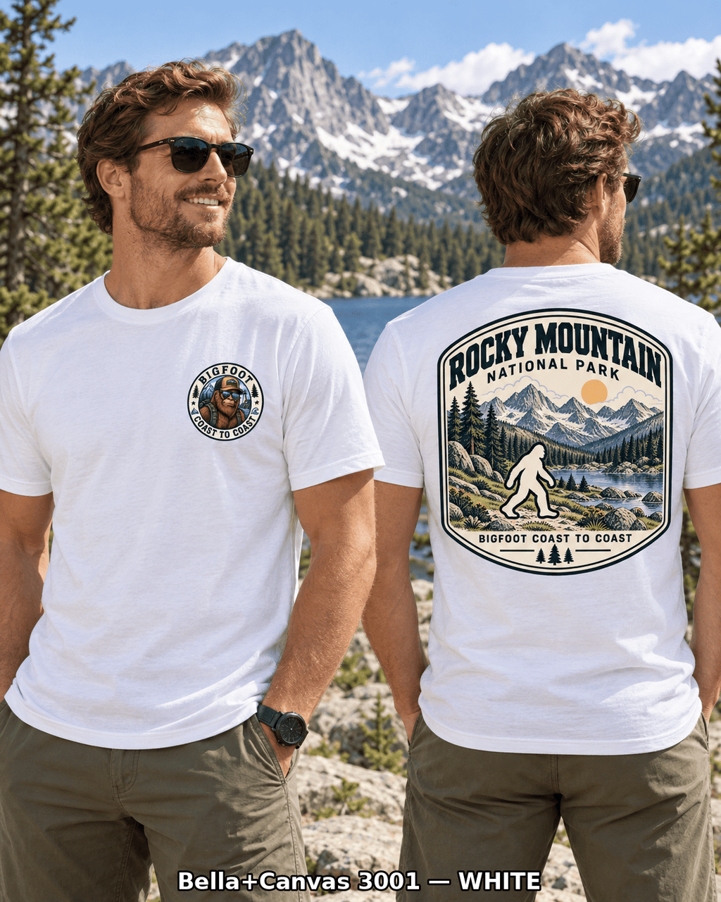 Rocky Mountain Bigfoot shirt featuring a vintage national park back graphic inspired by high alpine peaks, mountain lakes, elk country, and evergreen valleys