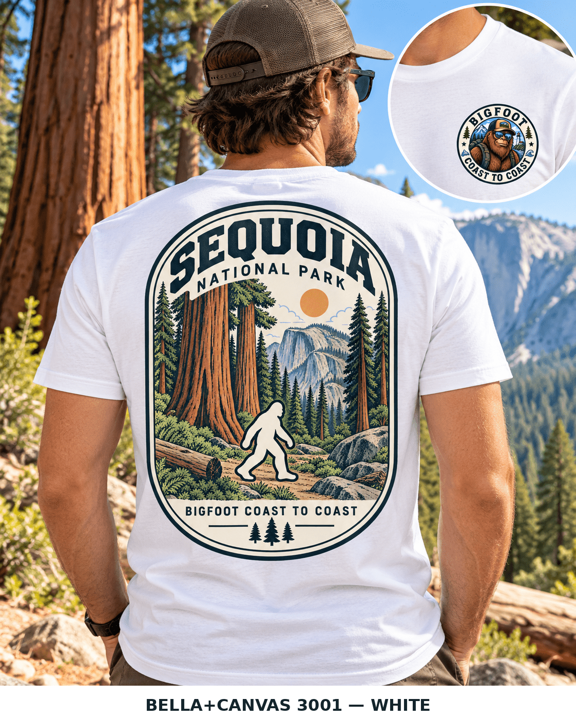 Sequoia Bigfoot shirt featuring a vintage national park back graphic inspired by giant sequoias, Sierra granite, mountain forest, and immense tree trunks