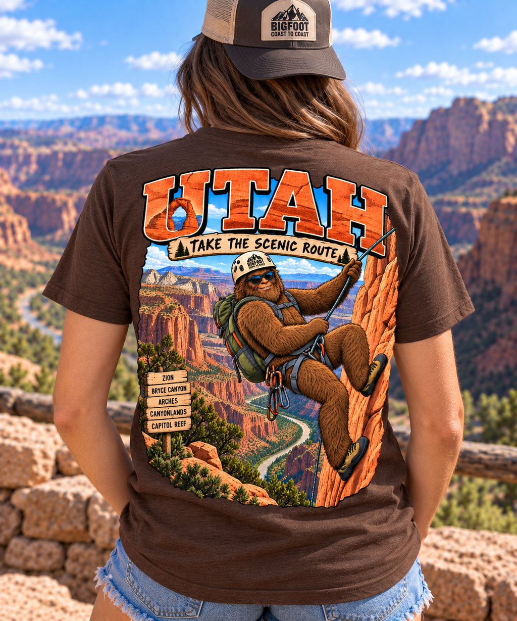 Utah Bigfoot T-Shirt – Scenic Route - Bigfoot Coast to Coast