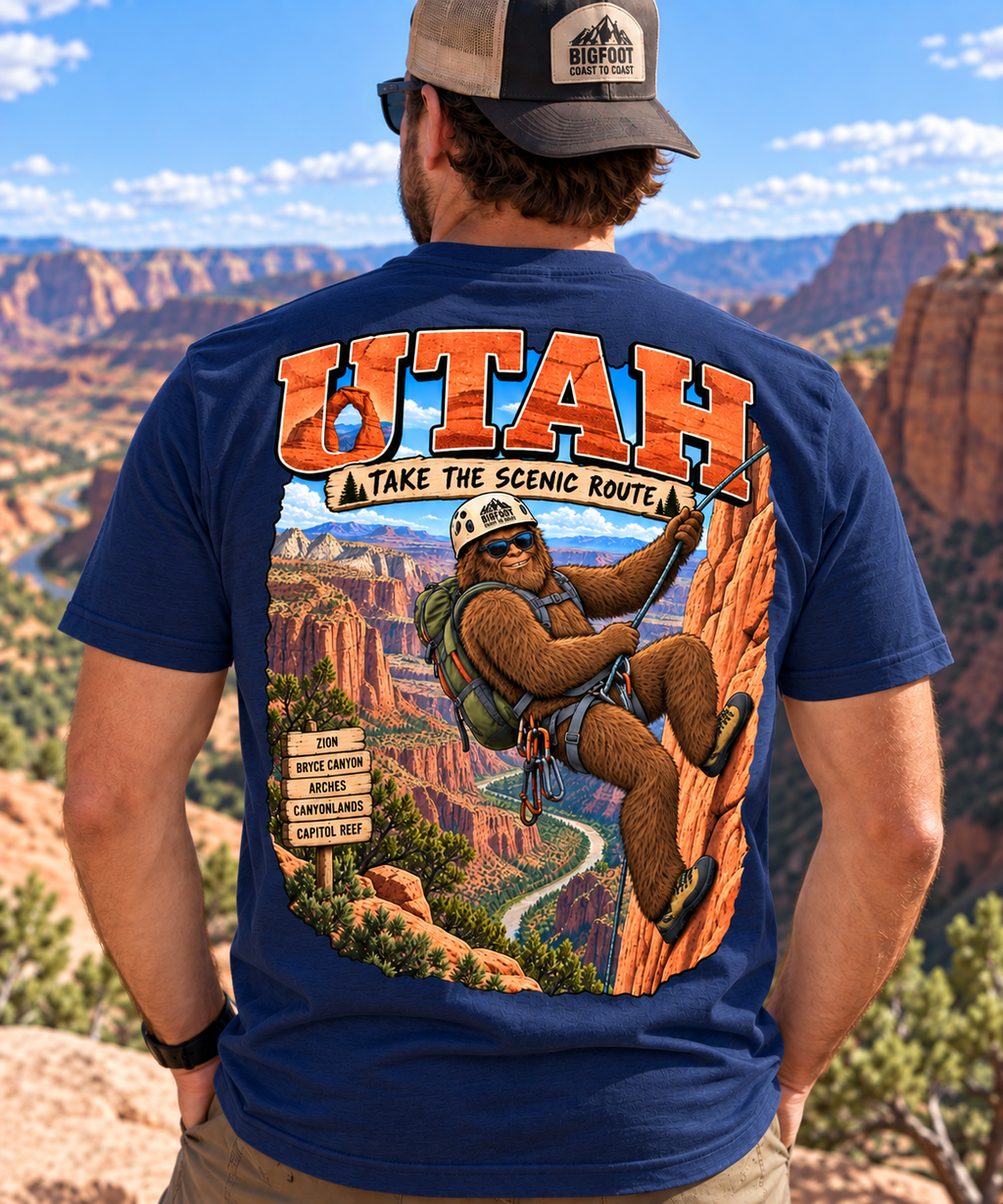 Utah Bigfoot T-Shirt – Scenic Route - Bigfoot Coast to Coast