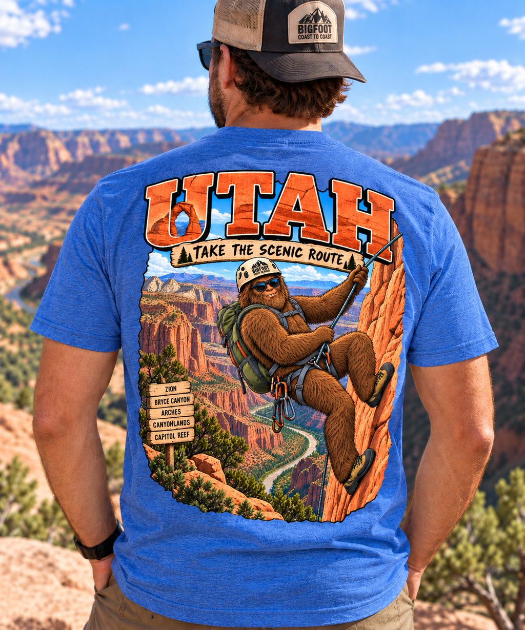 Utah Bigfoot T-Shirt – Scenic Route - Bigfoot Coast to Coast