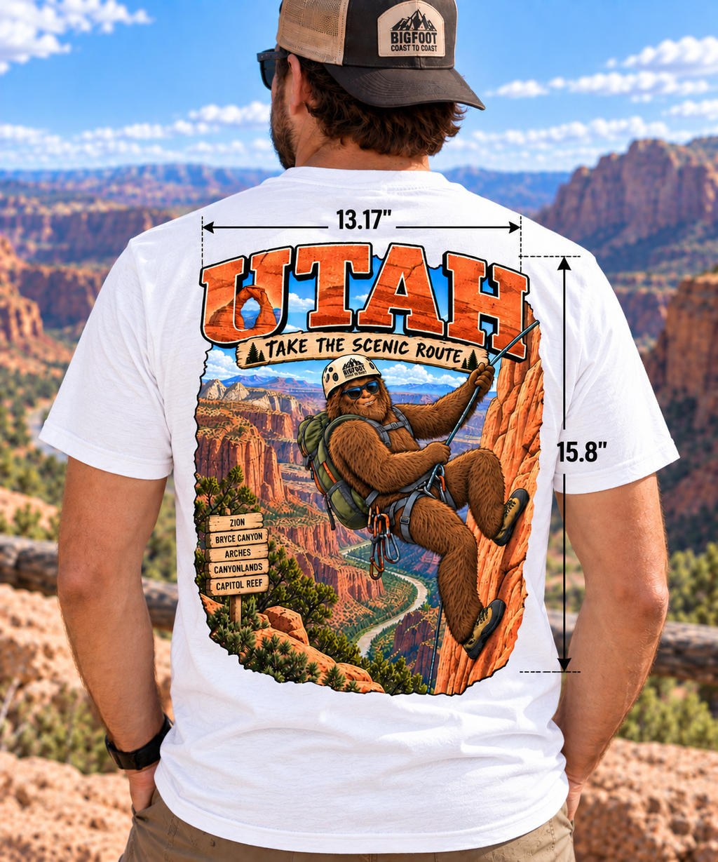 Utah Bigfoot T-Shirt – Scenic Route - Bigfoot Coast to Coast