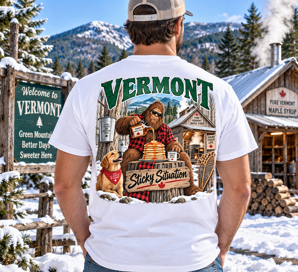 Vermont Bigfoot shirt featuring Sasquatch pouring maple syrup over pancakes beside a snowy sugar shack with mountains, maple sap buckets, a golden retriever, and “Sticky Situation” artwork.