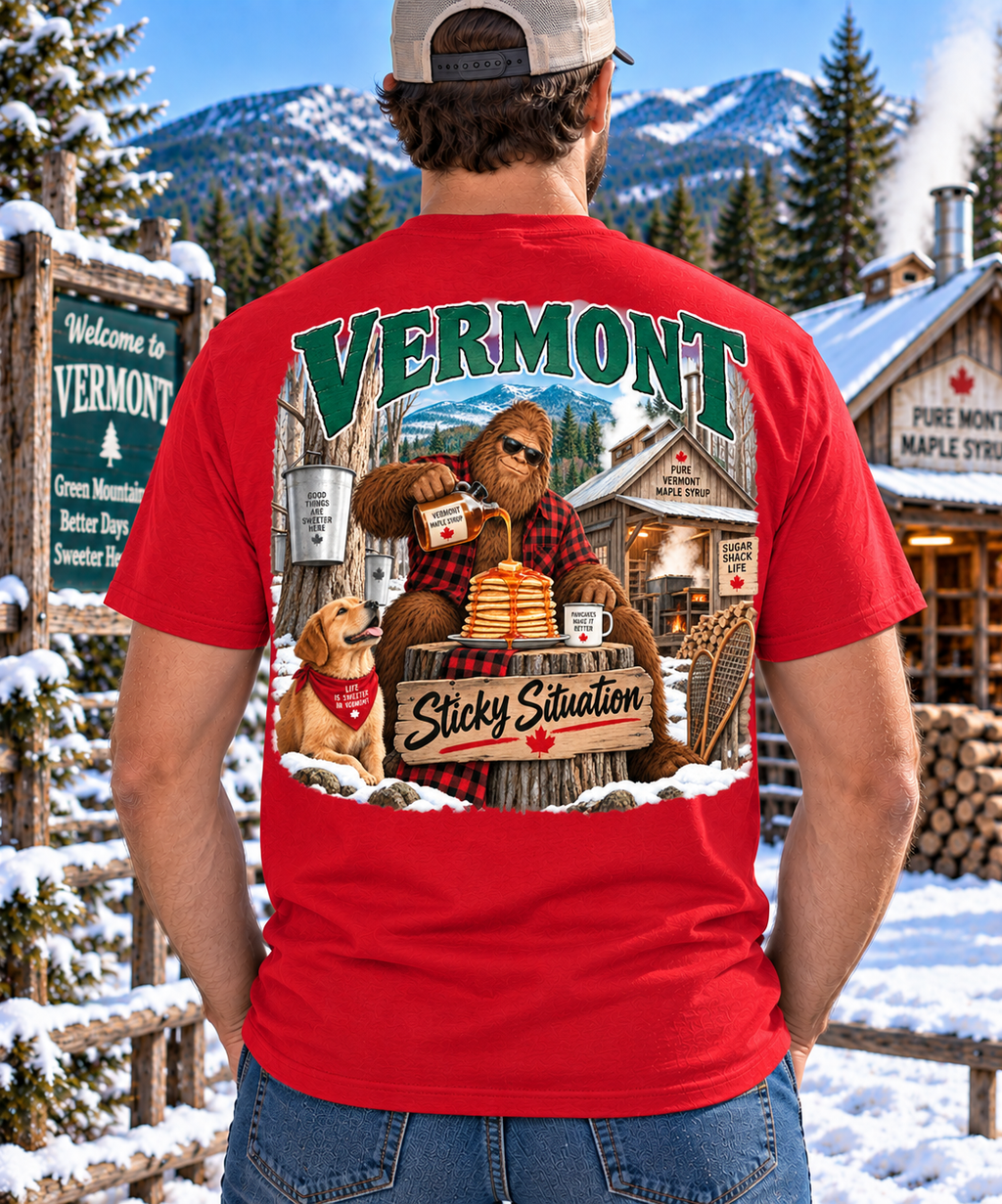 Vermont Bigfoot T-Shirt - Sticky Situation - Bigfoot Coast to Coast