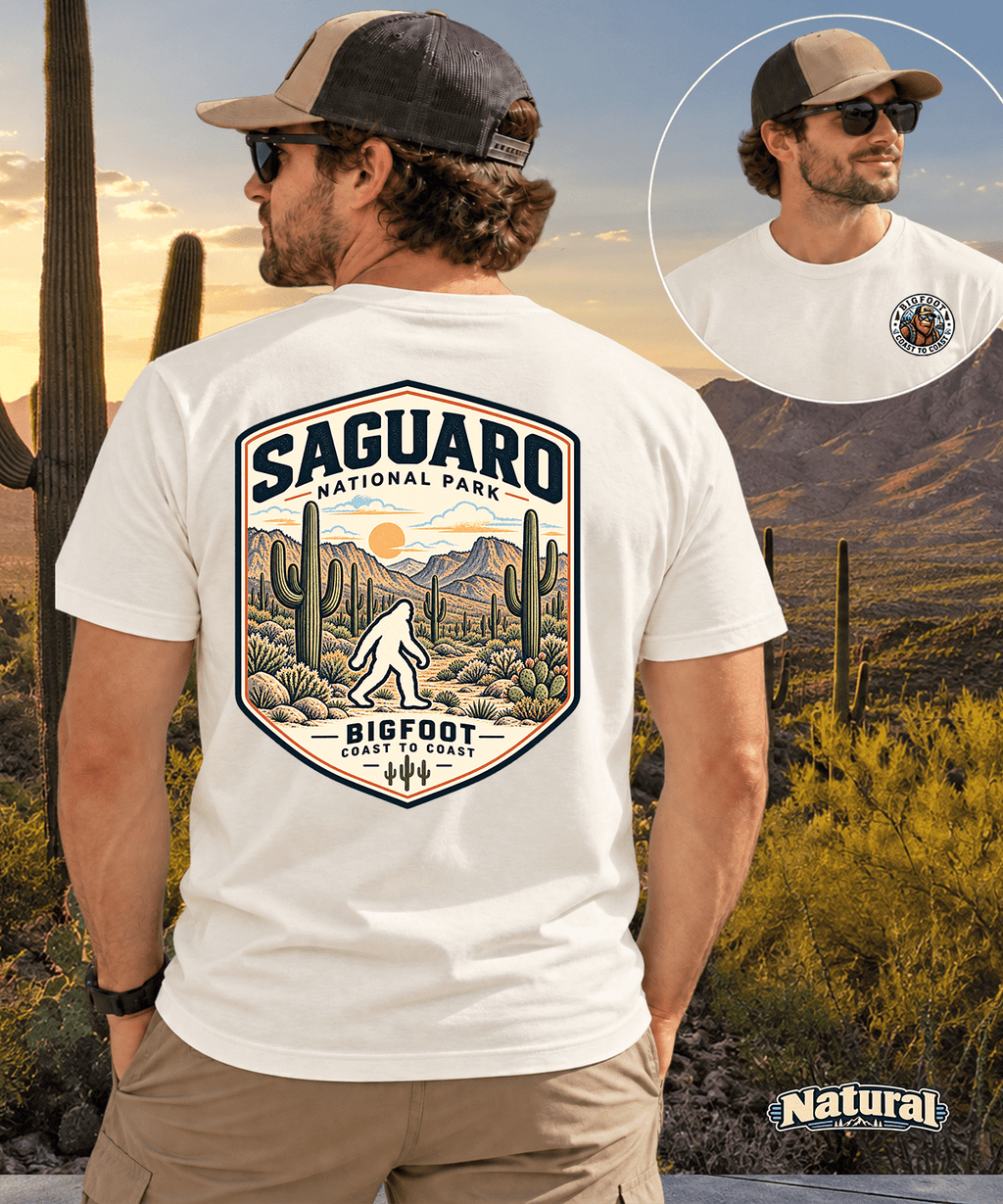Vintage Saguaro National Park Bigfoot Badge Patch - Retro Desert Design - Bigfoot Coast to Coast