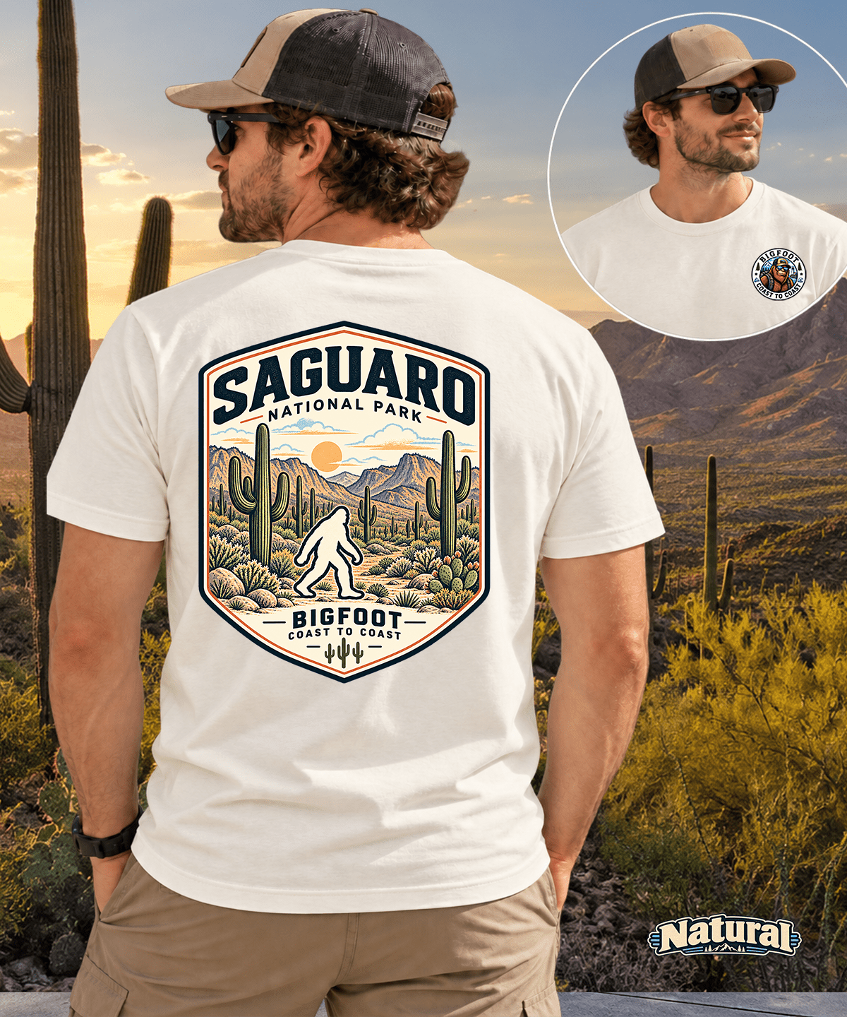 Vintage Saguaro National Park Bigfoot Badge Patch - Retro Desert Design - Bigfoot Coast to Coast