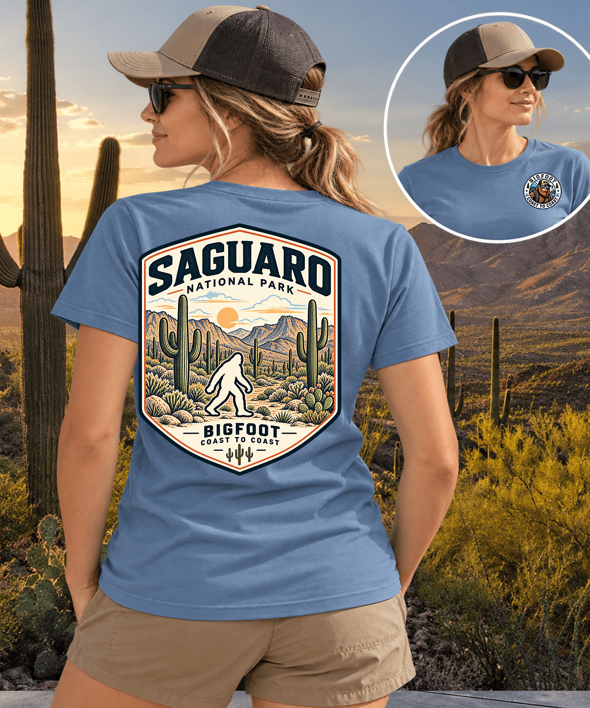 Vintage Saguaro National Park Bigfoot Badge Patch - Retro Desert Design - Bigfoot Coast to Coast