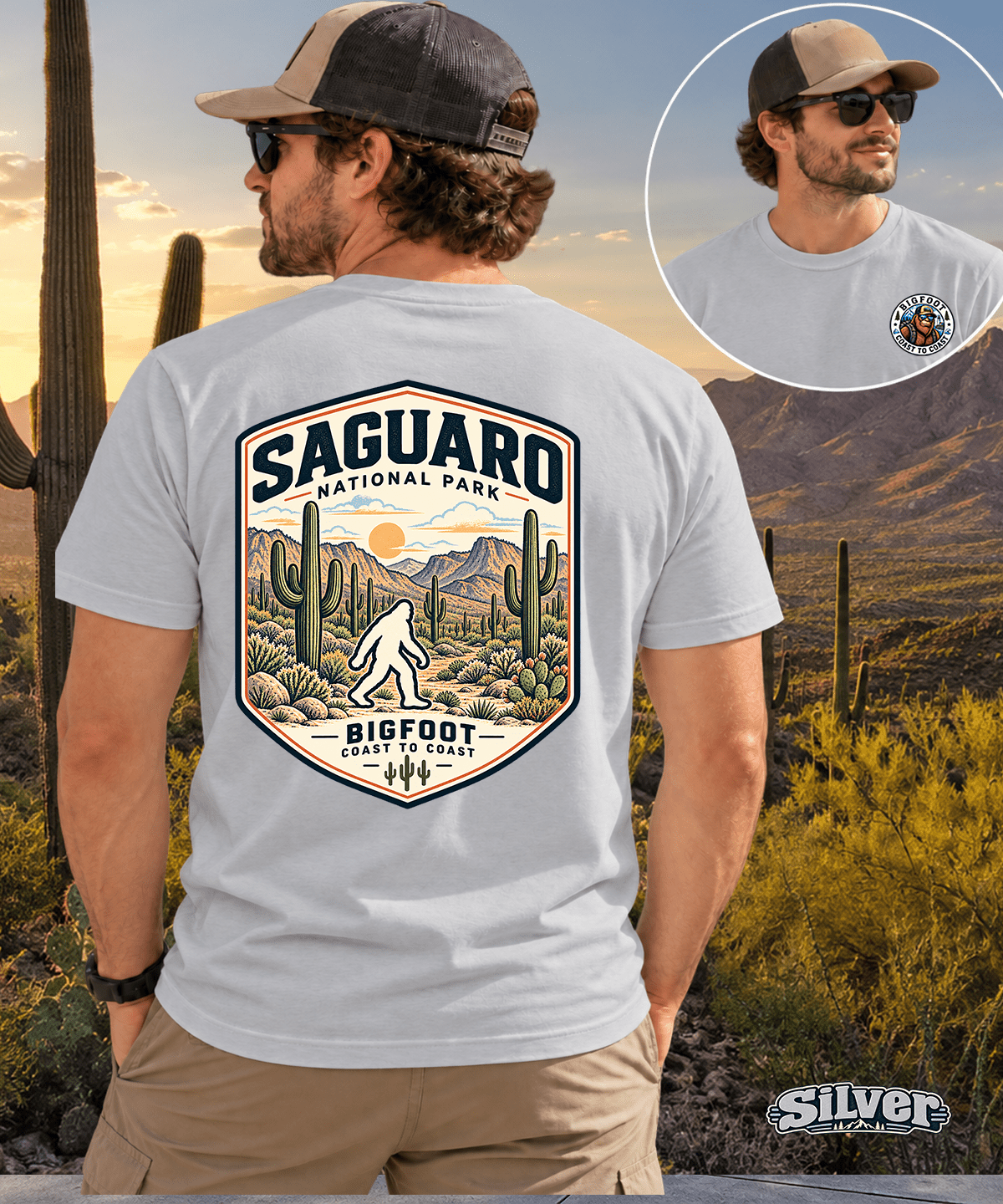Vintage Saguaro National Park Bigfoot Badge Patch - Retro Desert Design - Bigfoot Coast to Coast