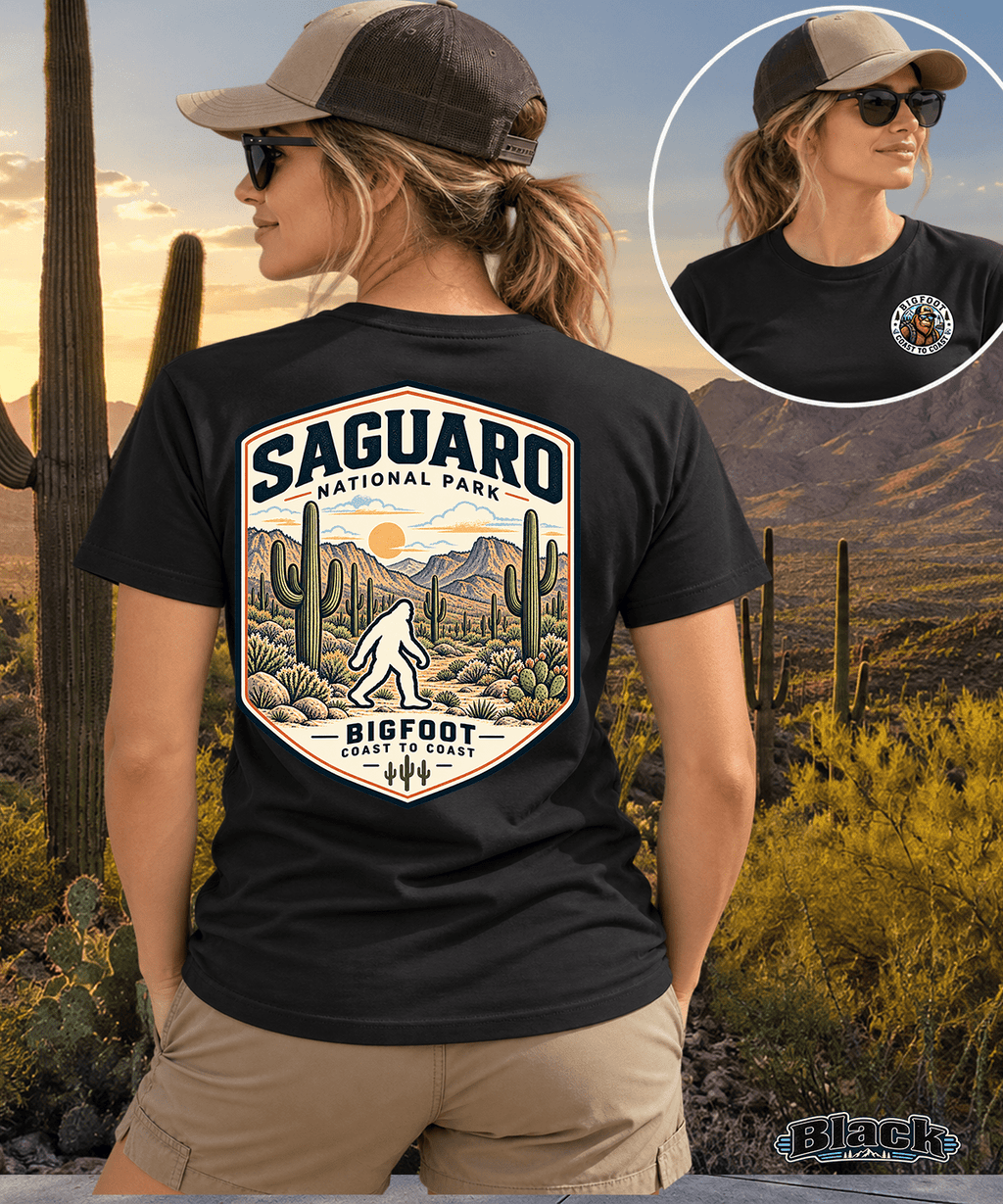 Vintage Saguaro National Park Bigfoot Badge Patch - Retro Desert Design - Bigfoot Coast to Coast