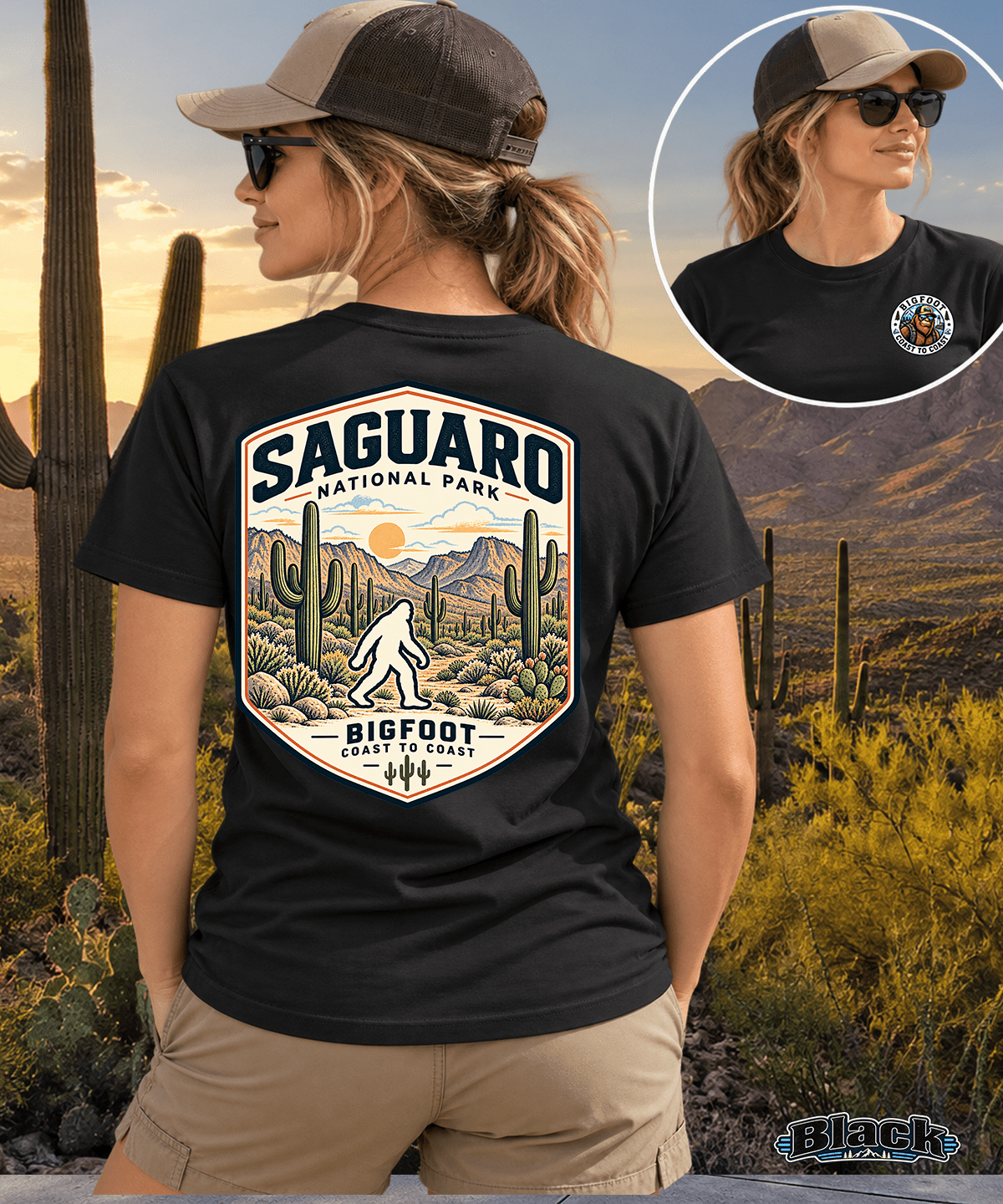 Vintage Saguaro National Park Bigfoot Badge Patch - Retro Desert Design - Bigfoot Coast to Coast