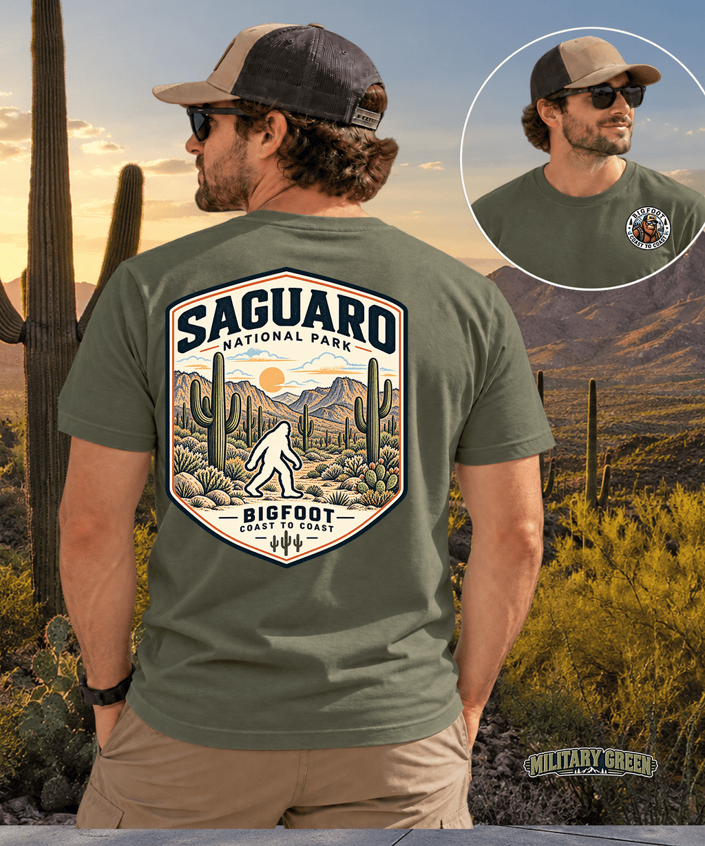 Vintage Saguaro National Park Bigfoot Badge Patch - Retro Desert Design - Bigfoot Coast to Coast