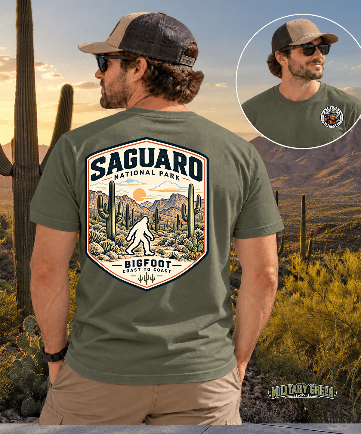 Vintage Saguaro National Park Bigfoot Badge Patch - Retro Desert Design - Bigfoot Coast to Coast