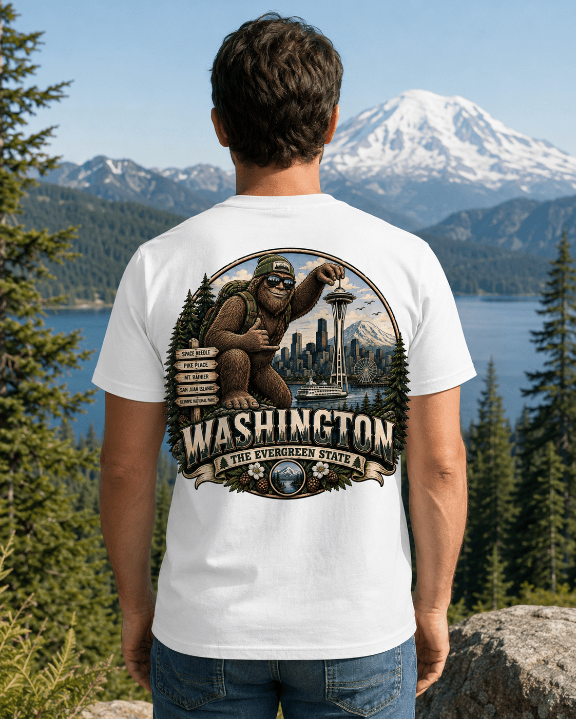 Washington Bigfoot shirt featuring Sasquatch with Space Needle, Mount Rainier, and evergreen forest scenery